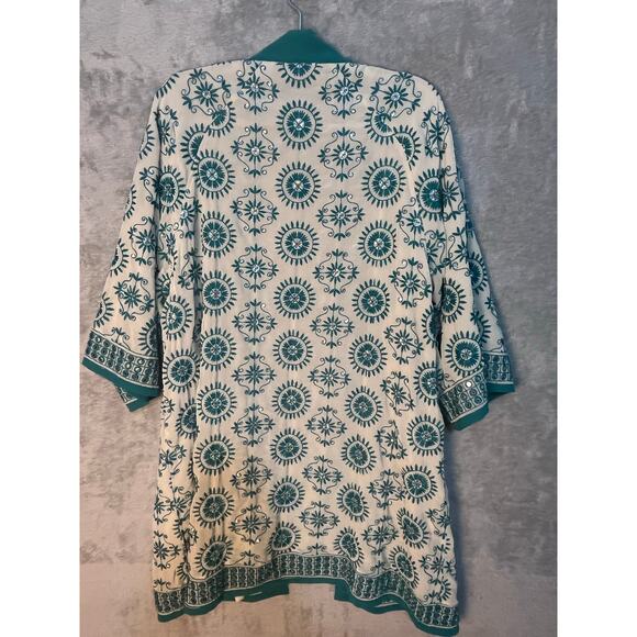 Soft Surroundings Kimono L/XL Turquoise Embroidered Sequined Floral Boho - Picture 5 of 8